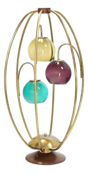 Oval "Bird Cage" Brass Table Lamp Purple Blue Yellow Glass Globe Shades MINT!