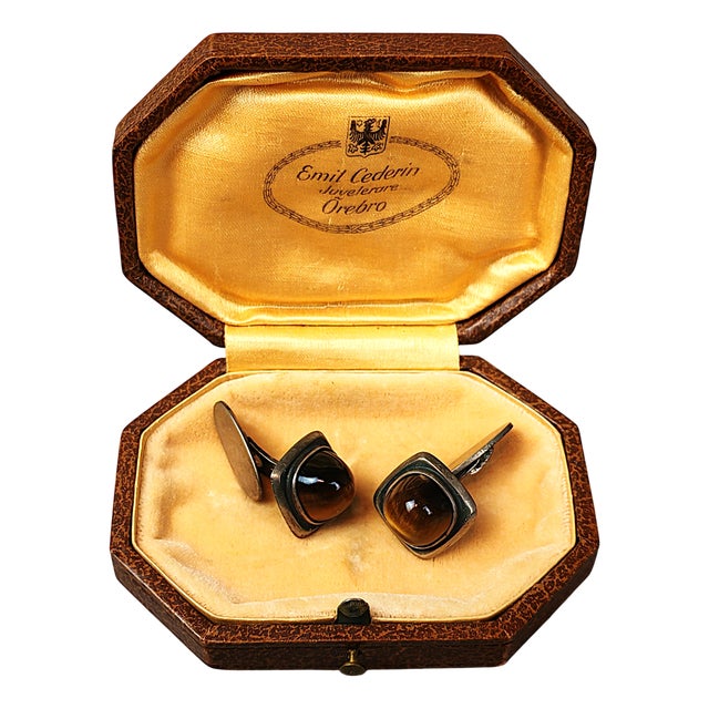 Vintage Silver Cufflinks with Tigers Eye by Victor Janson, Sweden, 1962, Set of 2 For Sale