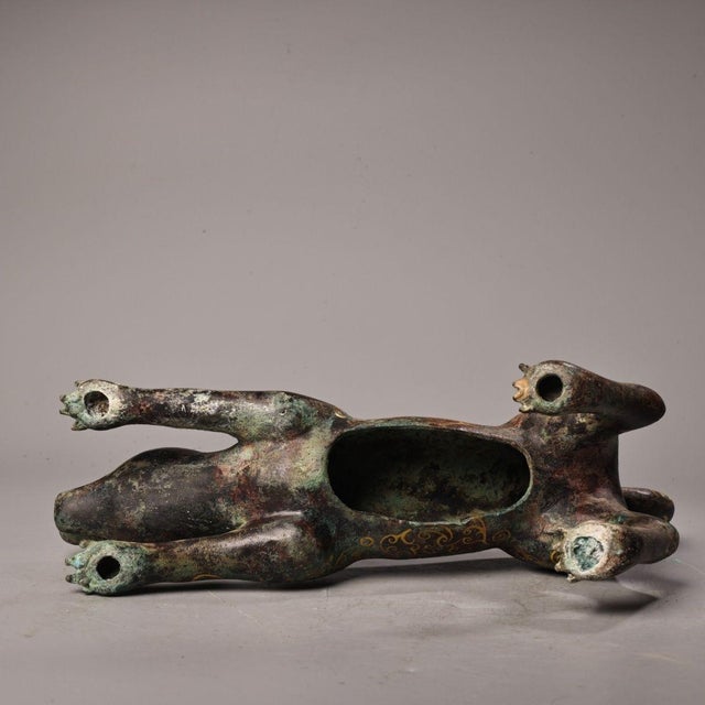 Antique Chinese Bronze Gold-Inlaid Mythical Beast (Wolf/Dog) Sculpture For Sale - Image 9 of 10