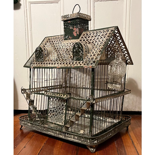 19th Century Antique 19th Century French Tole & Wire Victorian House Form Bird Cage For Sale - Image 5 of 15