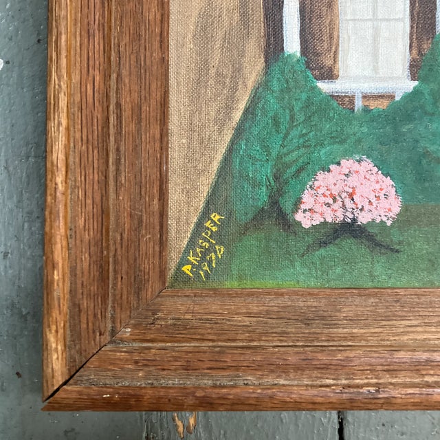 Folk Art 1970’s Original Primitive Folk Art Painting House & Garden Vintage Oak Frame For Sale - Image 3 of 5