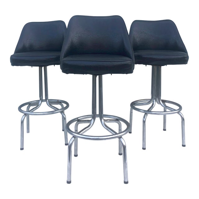 Mid Century Modern Black Vinyl Swivel Bar Stools Set of 3 Chairish