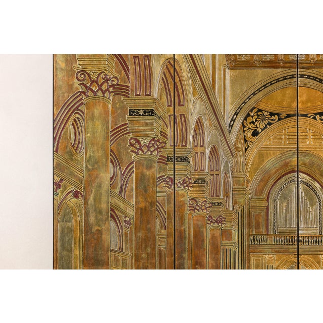 Renaissance-Inspired 4-Panel Gilded Screen with Raised Architectural Design For Sale - Image 12 of 12