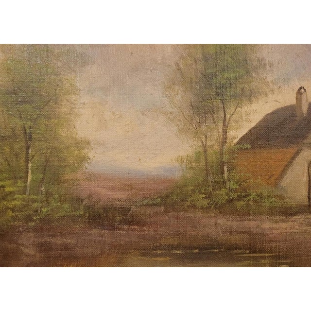 This charming 1930s Dutch landscape oil painting depicts a tranquil rural countryside scene with a traditional cottage...