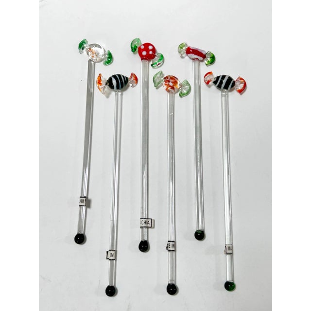Transparent 1980s Murano Style Hand Blown Glass Candy Swizzle Sticks – Set of 6 Cocktail Stirrers For Sale - Image 8 of 9
