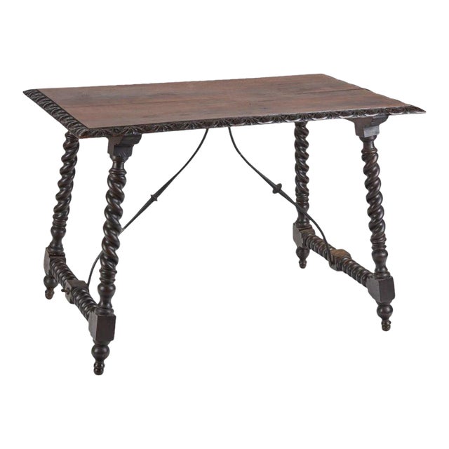 Spanish Baroque Style Carved Walnut and Wrought Iron Center Table For Sale
