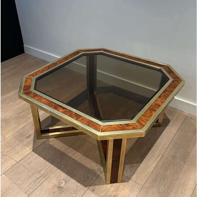 Wood Octagonal Coffee Table in Walnut and Brass. French Work. Circa 1970 For Sale - Image 7 of 12