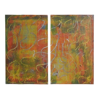 Contemporary Green and Orange Abstract Paintings - A Pair For Sale