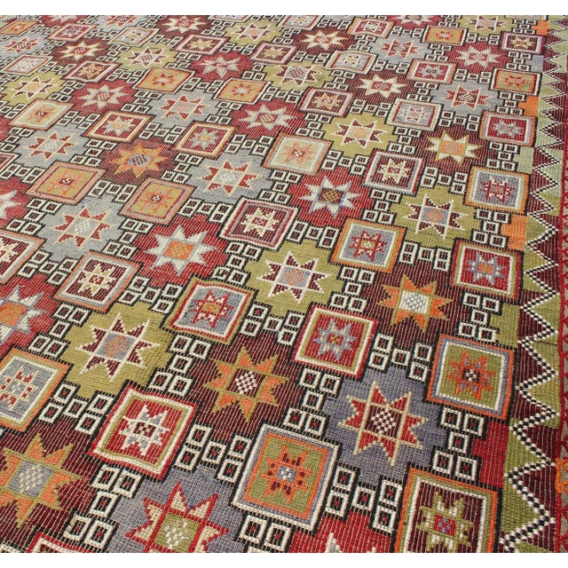 Mid 20th Century Mid 20th Century Colorful Vintage Kilim Embroidered Jajeem With Star Design in Green, Blue & Red For Sale - Image 5 of 12