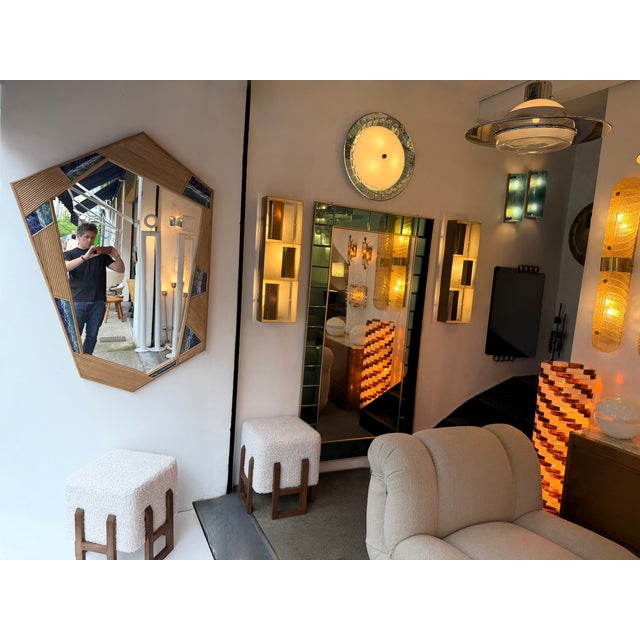 2020s Contemporary Asymmetrical Mirror Rattan Marquetry and Enamel Metal. Italy For Sale - Image 5 of 12