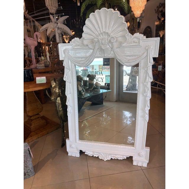 Vintage Palm Beach Shell Draped White Lacquered Wall Mirror Pair Available For Sale - Image 10 of 12