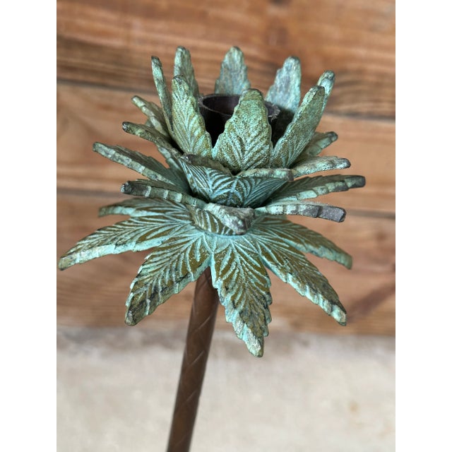 Brass Pair of Tropical Coastal Palm Tree Metal Candlesticks With Verdigris Green Fronds For Sale - Image 8 of 12