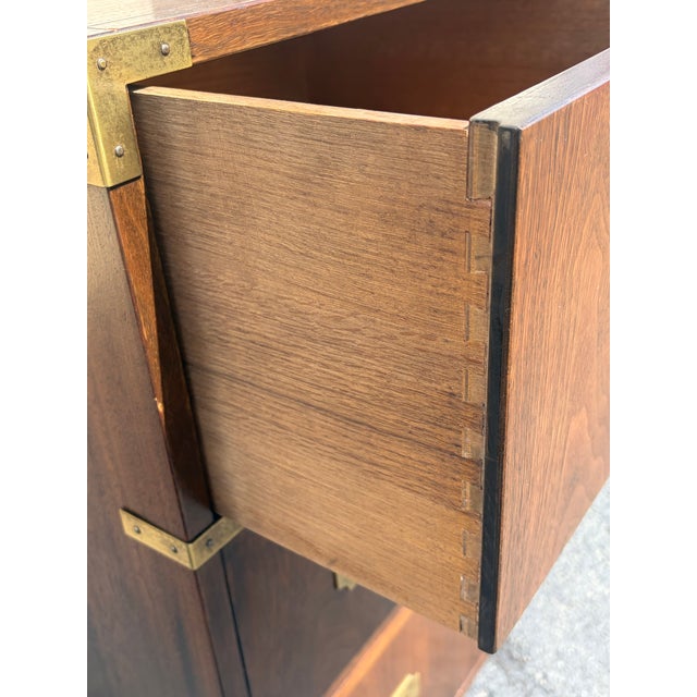 1970s Michael Taylor for Baker Walnut & Brass Campaign Style Dresser For Sale - Image 9 of 10