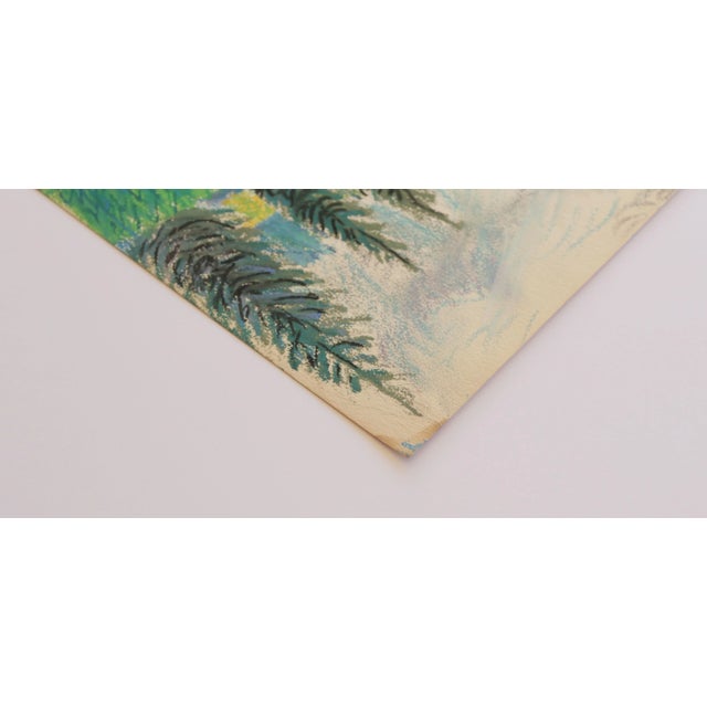 1950s Mid-Century Swedish Folk Art Original Oil Pastel Painting, Canal With a Rowboat and Greenery For Sale - Image 9 of 18