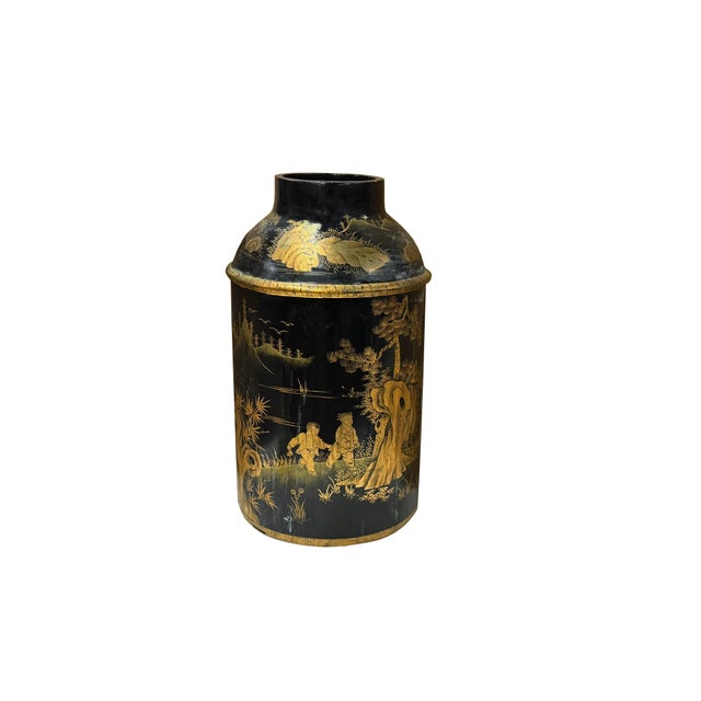 Wood Vintage Chinese Export Black Lacquer Canister Urn Display Art Ws4954 For Sale - Image 7 of 13