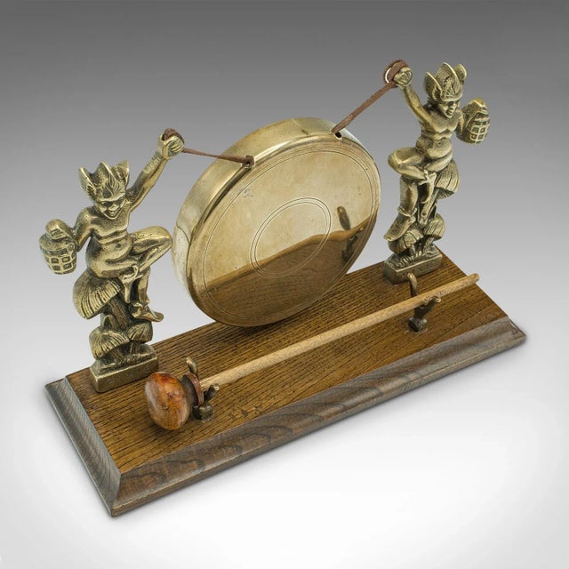 Victorian 1900s Victorian Antique Cornish Pixie Gong, English, Brass, Oak, Dinner Chime For Sale - Image 3 of 11