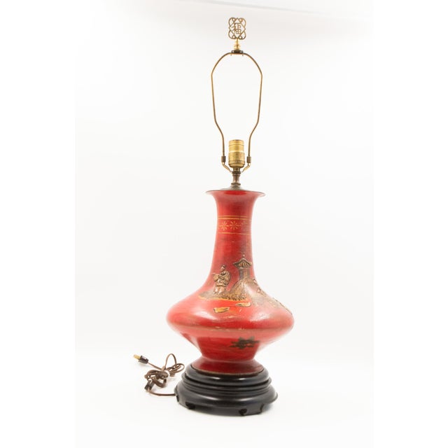 1960s Cinnabar Red Chinoiserie Table Lamps With Brass Fretwork Finials - a Pair For Sale - Image 10 of 16