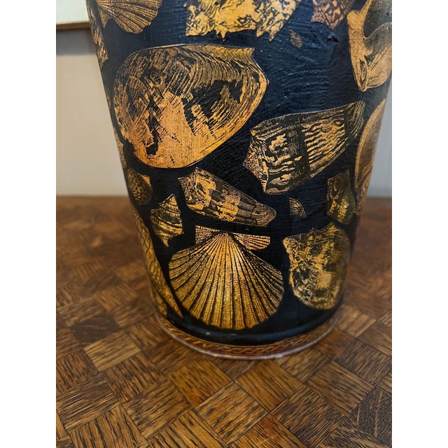 Vintage English Planter Jardiniere Urn Shell Decoupage Black Tole Coastal Décor For Sale - Image 14 of 17