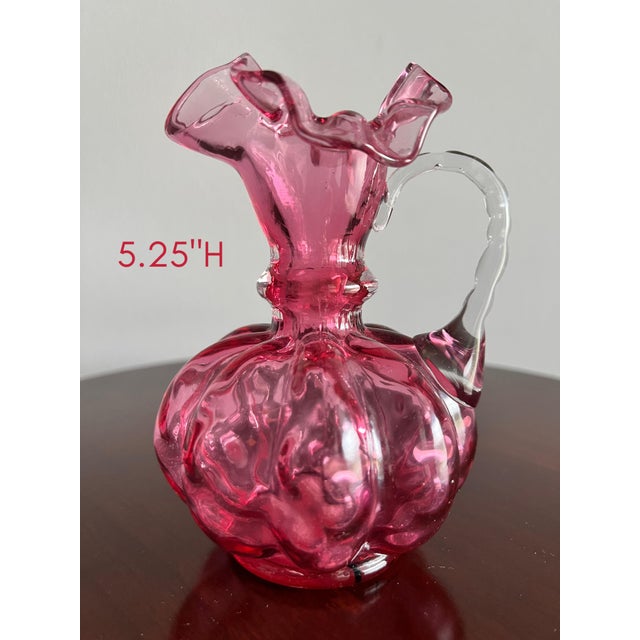 Antique Bohemian Cranberry Glass Pitcher Ruffled Rim Clear Handle 5.25” Victorian For Sale In West Palm - Image 6 of 7