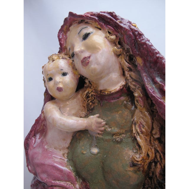 1950s Susi Singer Terracotta Madonna With Blue Flower & Child 1951 Statue For Sale - Image 5 of 18