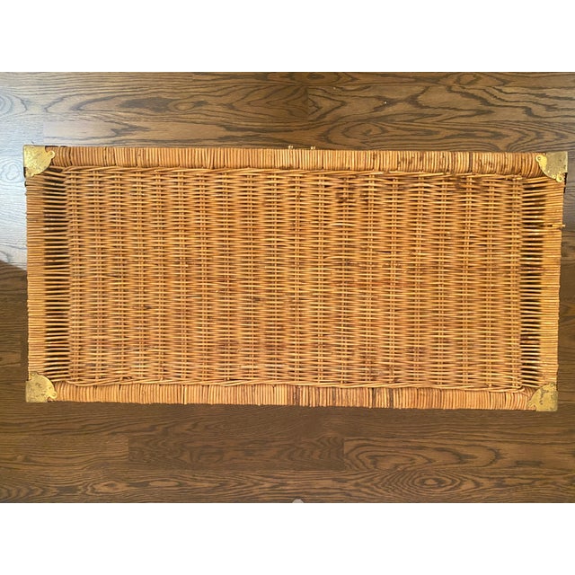 Tan 1970s Vintage Handwoven Wicker Trunk/Chest With Brass Hardware ~ Opens From Top & Front For Sale - Image 8 of 11