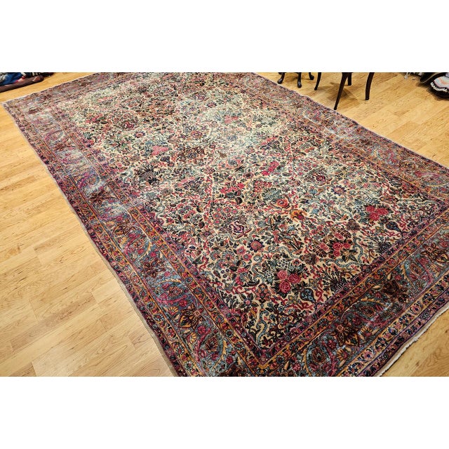 Vintage Oversized Persian Kerman Lavar Rug, Hand-Knotted Wool, Allover Floral Vase Pattern, Ivory & Turquoise, 9’ X 14’ For Sale - Image 10 of 18
