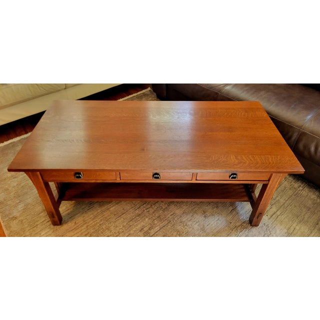 2010s Stickley Mission Collection Oak Spindle 3-Drawer Cocktail Table For Sale - Image 5 of 10