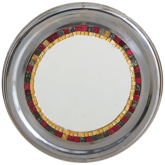 French Chrome Wall Mirror with Ceramic + Glass Tesserae, 1970s For Sale