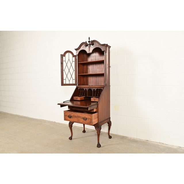 Chippendale Flame Mahogany Drop Front Secretary Desk With Bookcase Hutch by Saginaw Furniture, Circa 1920s For Sale In South Bend - Image 6 of 18