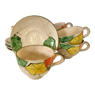 Vintage Japanese Wabi Sabi Pottery Cups and Saucers, Set of 4 For Sale