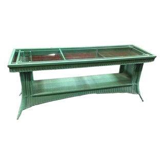 1950s Restored Mid Century Green Woven Wicker TV Stand/Console Table w/ Glass Top For Sale