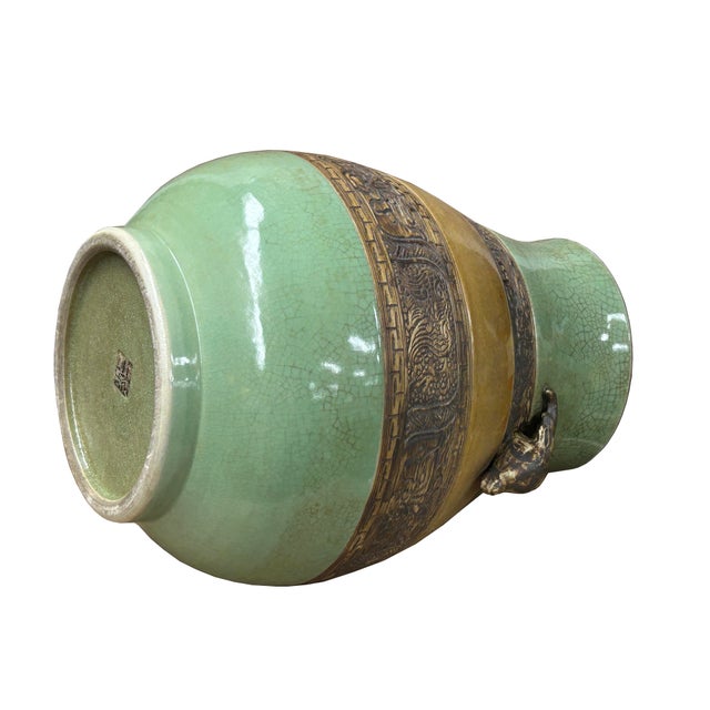 Orient Crackle Green Dragon Motif Ram Heads Artistic Pottery Ceramic Vase For Sale In San Francisco - Image 6 of 15