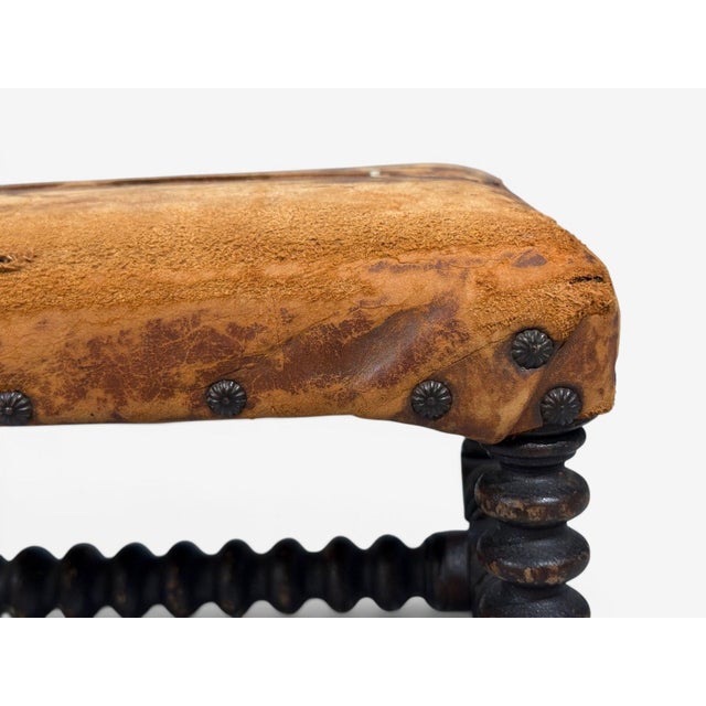Baroque, Small Footstool, Leather, Turned Walnut, 19th C. For Sale In New York - Image 6 of 12