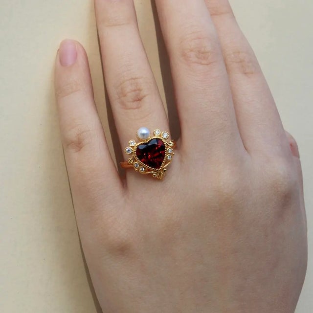 Kai Fine Jewelry Kai "On My Heart" Garnet Diamond Pearl Cocktail Ring, size 5 For Sale - Image 4 of 12