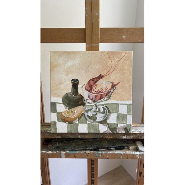 A painting depicting bottles and a shell by Australian painter Vynka Hallam. Signed by Maker