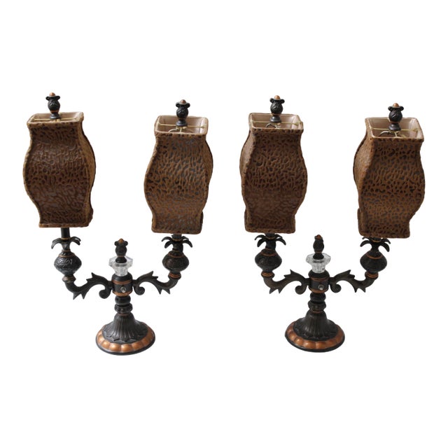 Hollywood Regency Candelabra Lamps Cheetah Leopard Shades - a Pair For Sale