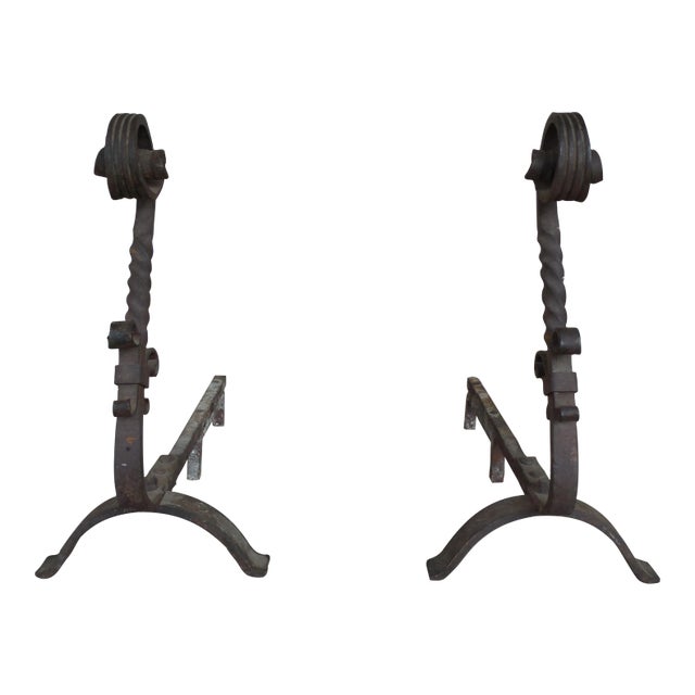 Antique Large Hand Forged Andirons - A Pair For Sale
