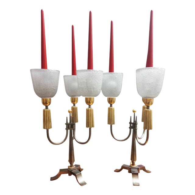 Large Brass Candelabras, 1940s, Set of 2 For Sale