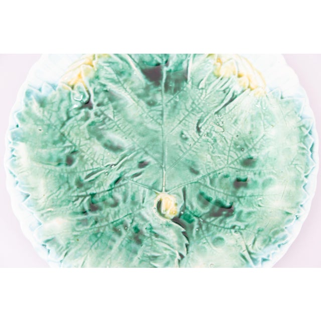 A rare antique English majolica glazed begonia leaf plate with a lovely single green leaf on a soft turquoise ground with...