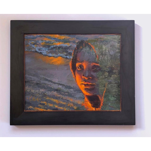 Fireside presents a striking portrait that captures the interplay of light and shadow, with warm hues illuminating the...