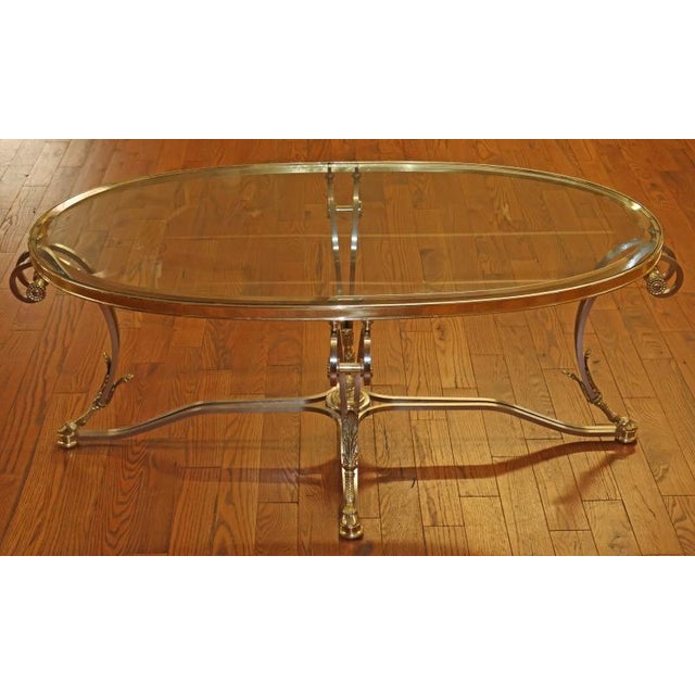 French 1980s Steel & Brass Glass Top Coffee Cocktail Table Attributed to Labarge For Sale - Image 3 of 11