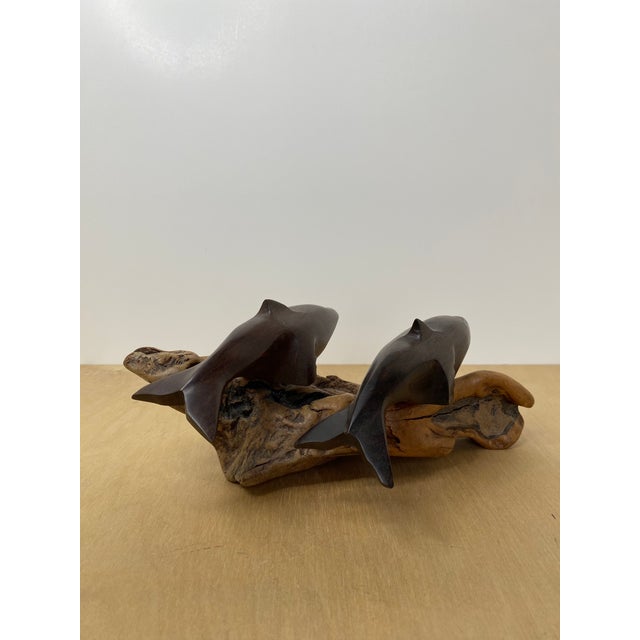 Wooden Dolphins Sculptures Mounted on a Piece of Driftwood For Sale - Image 4 of 12