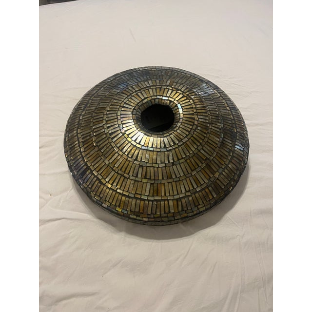 Tiffany-style mosaic art glass vessel or lamp shade meticulously constructed with hundreds of hand-cut, iridescent stained...