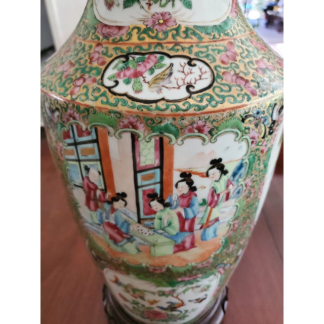 Antique Chinese Porcelain Large Rose Medallion Lamp For Sale - Image 10 of 11