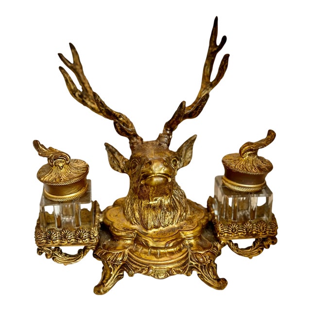 19th Century French Dore Gold Gilt Metal Stag Head Double Inkwell For Sale