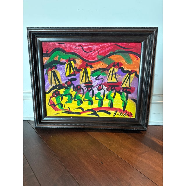 1970s Peter Keil Abstract Painting of a water scene with sailboats. Executed with oil on board. COA on back guaranteed...