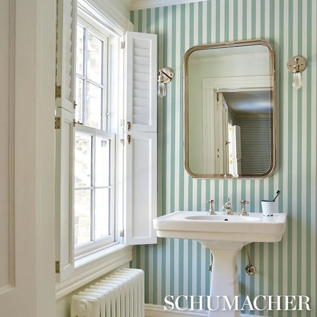 Schumacher SAMPLE - Schumacher Emma Stripe Wallpaper In Teal For Sale - Image 4 of 4