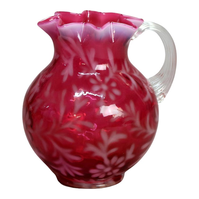 Antique Victorian Cranberry and Opalescent Glass Pitcher with Ruffled Rim, Circa 1900 For Sale