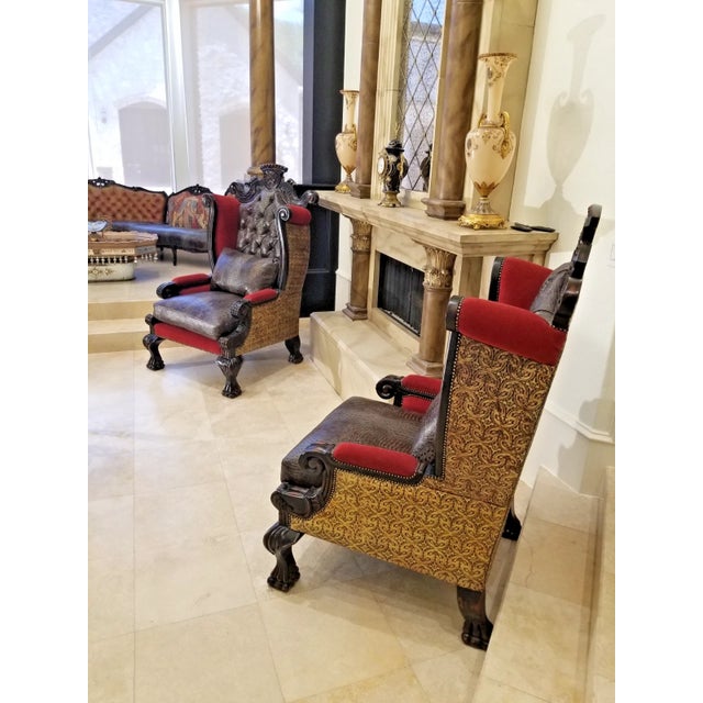 Emperor Wingback Armchair Custom Hand-Crafted With Embossed Genuine Leather For Sale In Dallas - Image 6 of 11