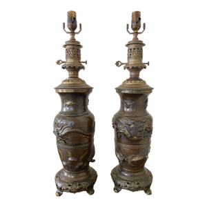 Pair of Antique Japanese Meiji Period Patinated Bronze Lamps
